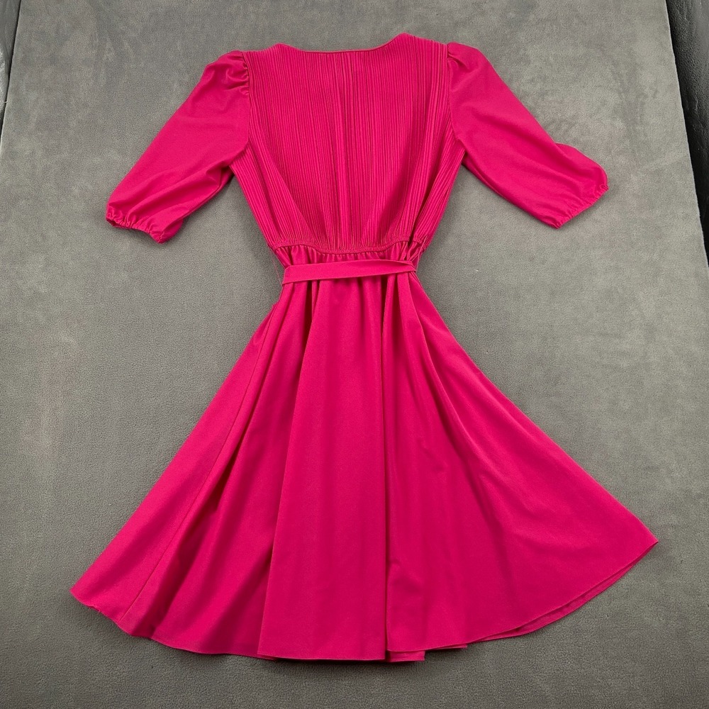 Sally‎ Petite Fit & Flare Dress Womens Pink Pleated Puff Sleeve Tie Waist Party - Picture 2 of 9